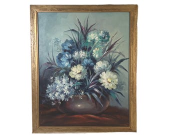 Oscar T. Navarro Floral Still Life: 1971 Oil Painting in Vintage Gilt Frame