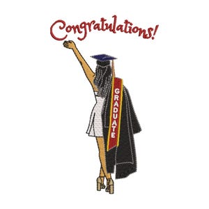 May include: An embroidered design featuring a graduate in a cap and gown, with the word "Congratulations!" in red script above. The graduate is wearing a red and gold sash that says "Graduate".