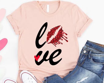 Love Leopard Lips Shirt, Dripping Kiss Valentine Tee, Couple Matching Set, Red Heart Graphic, Unisex White T Shirt, Anniversary Gift Idea
