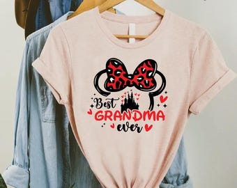 Best Grandma Ever Disney Shirt, Minnie Leopard Bow Tee, Cute Family Vacation Top, Matching Disney Castle Graphic Shirts for Women