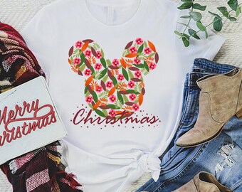 Christmas Floral Mickey Shirt, Holiday Graphic Tee, Cute Disney Christmas TShirt, Xmas Party Outfit, Winter Holiday Gift for Women