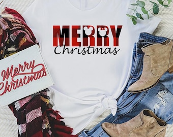Merry Christmas shirt, plaid Disney holiday tee, festive graphic top, winter vacation shirt, cute Xmas gift, custom Disney Christmas tee