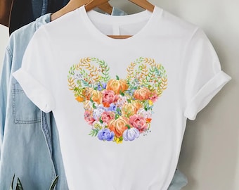 Floral Pumpkin Mickey Shirt, Fall Mouse Ears Tee, Autumn Disney Style Top, Halloween Floral Graphic TShirt, Cute Fall Outfit Women