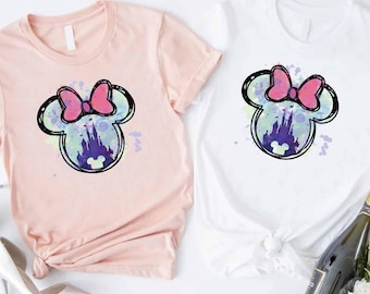 Watercolor Minnie Mouse Castle T-Shirt, Disneyland Family Trip