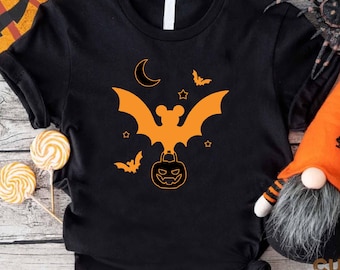 Halloween Bat Mickey Shirt, Spooky Pumpkin Mouse Tee, Trick or Treat Fall Outfit, Orange Black Cute Top, Scary Disney Style Shirt