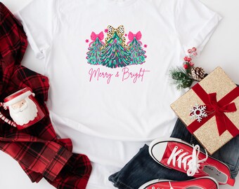 Merry and Bright Christmas Shirt, Colorful Tree Graphic Tee, Holiday Leopard Bow Top, Festive Winter Gift Idea