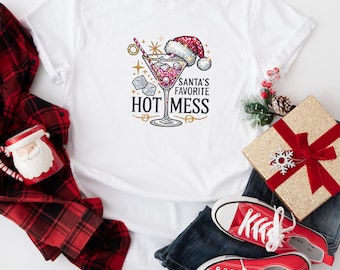 Santa’s Favorite Hot Mess Shirt, Funny Christmas Cocktail Tee, Holiday Party Top For Women, Cute Festive Graphic Xmas Gift Tee
