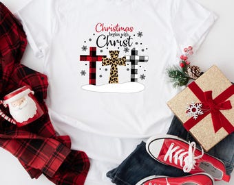 Christmas Begins With Christ Shirt, Leopard Cross Tee, Faith Based Holiday Top, Christian Christmas Graphic T-Shirt
