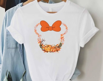 Minnie Mouse fall pumpkin wreath shirt, Halloween themed women’s t-shirt, orange bow autumn graphic tee, Disney inspired gift top