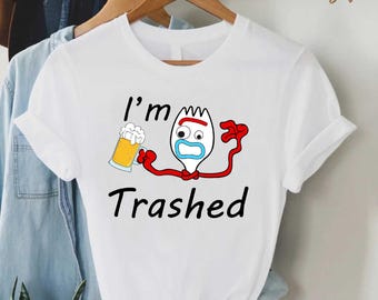 I'm Trashed Forky Drinking Beer Shirt, Funny Disney Drinking Tee, Adult Humor Vacation T-shirt, Toy Story Inspired Party Shirt