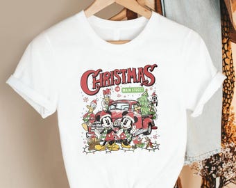 Retro Christmas Main Street Shirtwith Festive Vintage Truck Scene, Holiday Cartoon Inspired Tee, Whimsical Winter Lights and Joyful Seasonal