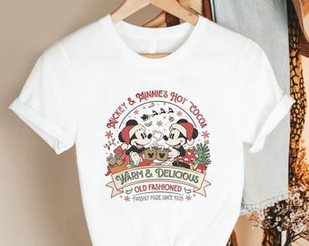 Vintage Hot Cocoa with Retro Holiday Characters, Warm Delicious Winter Drink Design, Cozy Old Fashioned Christmas Season Tee Festive Outfits