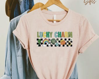 Lucky Charm St Patricks Day Shirt, Checkerboard Icons Tee, Rainbow Clover Green Graphic, Irish Lucky Top, Women Men Kids