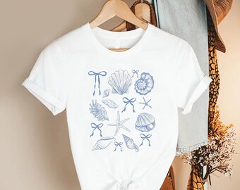 beach shells shirt, coastal summer tee, ocean theme top, starfish graphic tshirt, seaside outfit women, vacation wear