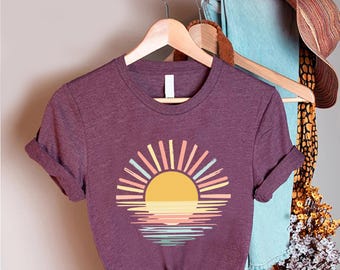 Retro Sunset Beach Graphic Tee, Pastel Summer Vacation Top