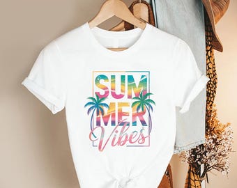 Summer Vibes Shirt, Beach Palm Tree Tee, Tropical Vacation Top, Sunset Graphic Shirt, Coastal Summer Outfit Womens