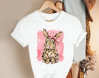 Leopard Bunny, Pink Bow Rabbit, Easter Animal Top, Girls Spring Apparel, Wildlife Graphic