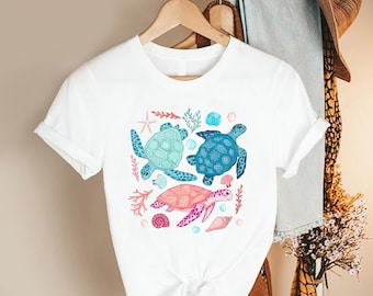 Sea Turtle Shirt, Ocean Animal Tee, Marine Life Top, Beach Summer Shirt, Coastal Turtle Graphic Tee Womens