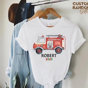 Custom Fire Truck Shirt for Kids with Name and Year, Firefighter Birthday T-Shirt, Boys Fire Engine Shirt, Personalized Gift Tee