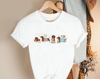 Dachshund Reading Shirt, Book  Tee, Wiener Dog Top, Library Lover Apparel, Cartoon Puppy Graphic