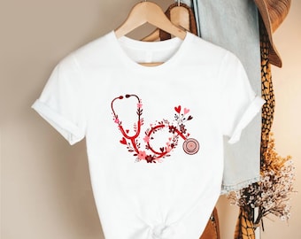 Floral Stethoscope Heart Shirt, Nurse Valentine Tee, Red Medical Love Top