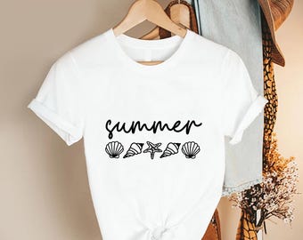 Summer Beach Shirt, Seashell Graphic Tee, Ocean Theme Top, Vacation Outfit, Coastal Style Apparel Womens
