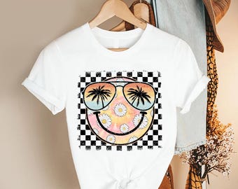 smiley face summer shirt, retro  sunglasses tee, daisy graphic tshirt, beach vibe top, checkerboard print