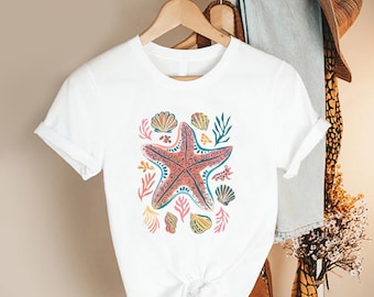 Starfish Shell Shirt, Beach Ocean Tee, Coastal Summer Top, Sea Life Graphic Shirt, Vacation Outfit Womens