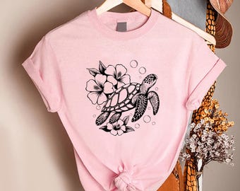 sea turtle shirt, ocean turtle graphic tee, hawaiian flower tshirt, beach animal top, marine life shirt, summer ocean tee women