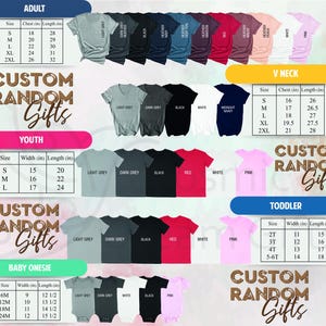 Puede incluir: Imagen de camisetas y bodies para beb&eacute;s en varios colores, incluyendo gris claro, negro y rojo. Tambi&eacute;n se muestran tablas de tallas para adultos, j&oacute;venes, ni&ntilde;os peque&ntilde;os y bodies para beb&eacute;s. El texto "CUSTOM RANDOM GIFTS" tambi&eacute;n es visible.
