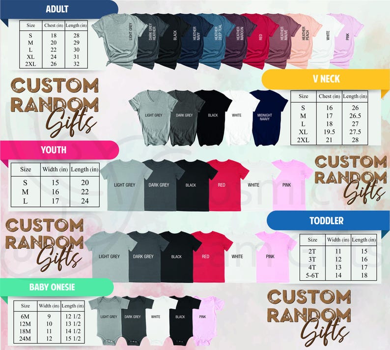Puede incluir: Imagen de camisetas y bodies para beb&eacute;s en varios colores, incluyendo gris claro, negro y rojo. Tambi&eacute;n se muestran tablas de tallas para adultos, j&oacute;venes, ni&ntilde;os peque&ntilde;os y bodies para beb&eacute;s. El texto "CUSTOM RANDOM GIFTS" tambi&eacute;n es visible.