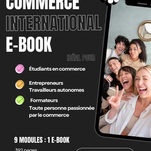 Op de afbeelding: Een promotieafbeelding voor een e-book over internationale handel. De titel wordt weergegeven in grote witte tekst tegen een zwarte achtergrond. De afbeelding bevat een foto van een groep lachende mensen en geeft de kenmerken van het e-book weer.