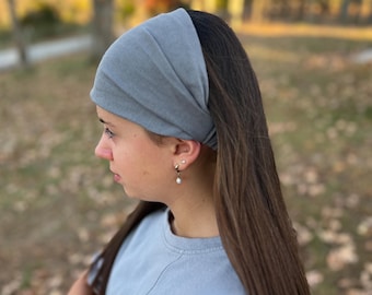 Diadema ancha de lino gris, banda elástica para el cabello, moda femenina
