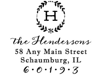 Wreath Monogram Address Rubber Stamp or Self Inking - Name Housewarming Gift Wedding Home Sweet Home Love Couple