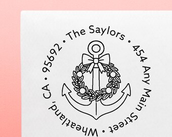 Personalized Anchor Address Stamp with Holiday Wreath | Nautical Return Address Stamp | Custom Family Name Stamp | Coastal Christmas Stamp