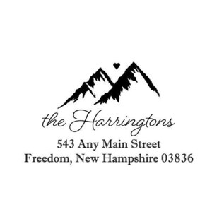 May include: Black and white illustration of two mountain peaks with a small heart above them. The text "the Harringtons" is written in cursive below the mountains. The address "543 Any Main Street Freedom, New Hampshire 03836" is written in black below the name.