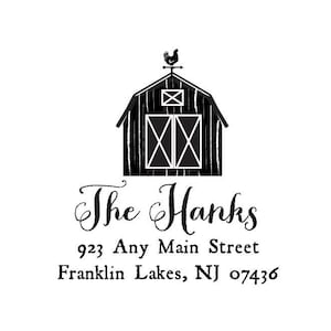 May include: Black and white return address stamp featuring a barn graphic with a rooster weather vane.  The text reads: 
