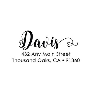 May include: A black and white return address stamp with the name "Davis" in cursive script. The address is 432 Any Main Street, Thousand Oaks, CA 91360.