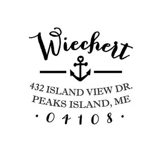 May include: Black and white illustration of an anchor with the text "Wiechert" above it. Below the anchor is the text "432 Island View Dr. Peaks Island, ME . 04108."