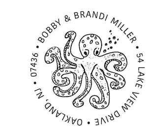 Octopus Sea Address Rubber Stamp or Self Inking Stamp Housewarming Wedding Home Sweet Home Sand Ocean