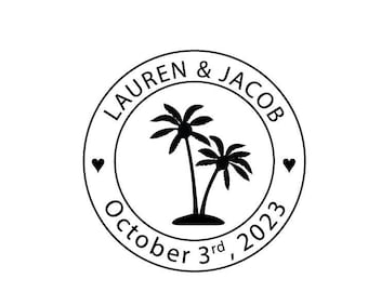 May include: Black and white circular stamp with the text "Lauren & Jacob October 3rd, 2023" and two palm trees inside the circle.