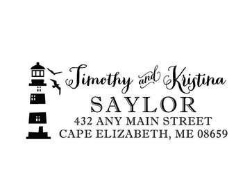 Lighthouse Birds Personalized Address Rubber Stamp or Self Inking Stamp Housewarming Wedding Home Sweet Home Sea Ocean Salt Water