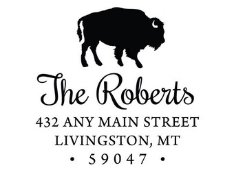 Bison Buffalo Address Rubber Stamp or Self Inking, Custom Name Personalized Housewarming Envelope Gift