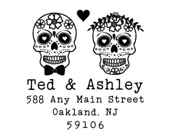 Sugar Skull Address Rubber Stamp or Self Inking Stamp - Housewarming Wedding Home Decorated Love