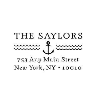 May include: Black and white graphic of an anchor with waves above and below it. The text "THE SAYLORS" is above the anchor and the text "753 Any Main Street New York, NY 10010" is below the anchor.