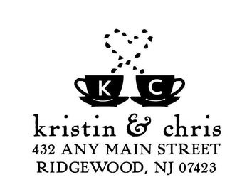 Coffee Tea Heart Address Rubber Stamp or Self Inking Stamp Personalized Custom Housewarming Wedding Party New Home Love Couple Gift
