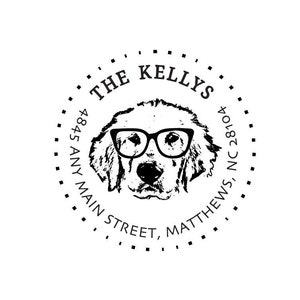 Golden Retriever Dog Address Rubber Stamp or Self Inking Stamp Housewarming Wedding Glasses Dog Breed Stamper Home image 1