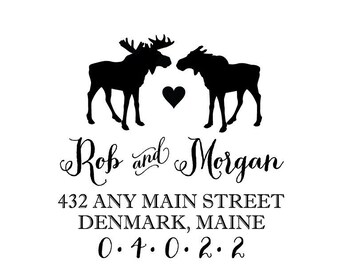 Moose Stamp, Custom Return Address Rubber Stamp or Self Inking Stamp, Housewarming Wedding Woodland Elk Maine