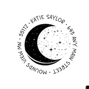 May include: A black and white circular return address stamp with a crescent moon and stars design. The text reads "KATIE SAYLOR 645 ANY MAIN STREET MOUNTAINS VIEW MN 55112."