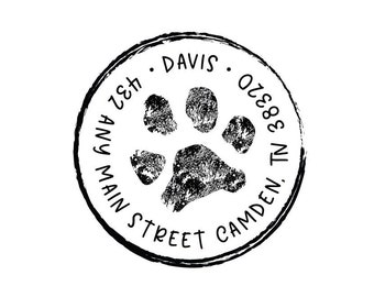 Paw Round Address Rubber Stamp or Self Inking Stamp - Veterinary Pet Gift Housewarming Animal Wedding